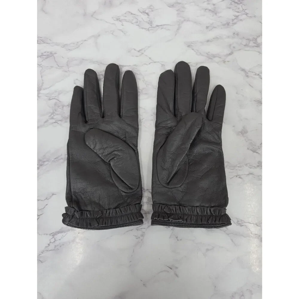 Banana Republic Gray Leather Driving Gloves With Ruffled Cuff Wool Lining